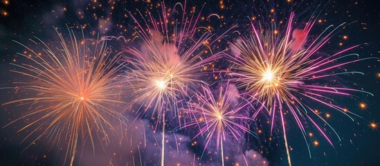 Naklejka premium A vibrant display of fireworks illuminates the night sky at the Fireworks Local Winter Festival extravaganza.