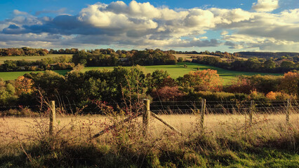 Autumn colorful landscape on a bright sunny day with beautiful clouds in the sky