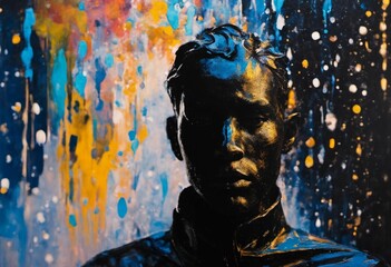 abstract painting of a young man standing in front of a colorful wall