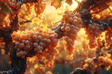 Ripe grape clusters hanging from a tree on a sunny day. - obrazy, fototapety, plakaty