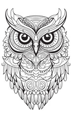 An ethnic line art of an owl head on a white background