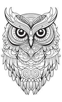 recommend clip art: An ethnic line art of an owl head on a white background