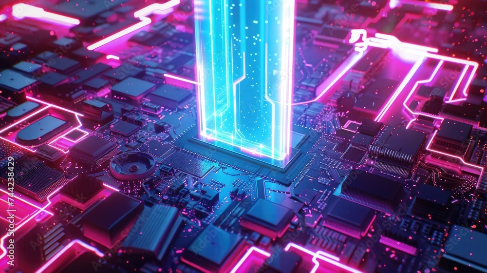 Poster computer background or screensaver on a pc in the style of cyber technologies of the future. process