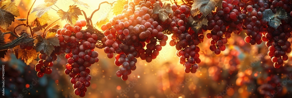 Poster A cluster of grapes hanging from a vine on a tree in a vineyard.