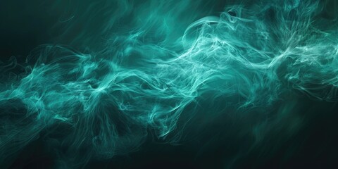 Fototapeta na wymiar Horizontal stream of pale greenish-blue toxic smoke on a dark background. Background or wallpaper. AI generative.