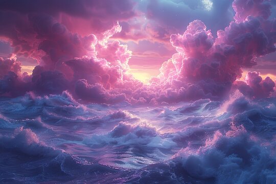 wallpaper with pink and blue clouds, in the style of flowing fabrics, smokey background, mysterious dreamscapes, matte photo. Generative AI.