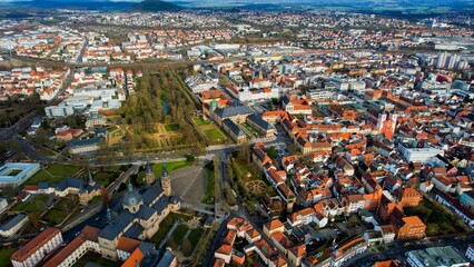Aerial around the old town of the city Fulda in Hessen Germany on a sunny day in spring - obrazy, fototapety, plakaty