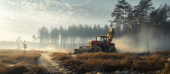 A wheeled harvester clearing a pine plantation forest by cutting trees while driving down a dirt road. - obrazy, fototapety, plakaty