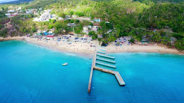 Drone view over the seafront buildings suffered severe structural damage by hurricane, Puerto Rico