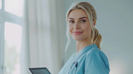A smiling woman is a doctor at her workplace with a tablet in her hands. Hospital.