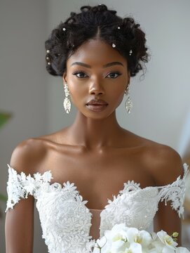 Beautiful bride, young black girl in a white wedding dress, wife, woman model appearance