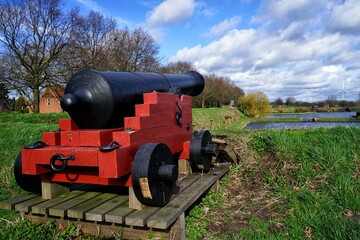 Cannon with gun carriage.
Brielle, Den Briel, Voorne aan Zee, South Holland, Netherlands, Holland, Europe.
