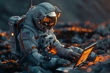 astronaut working on a laptop in the moonlight, in the style of innovative page design. Generative AI