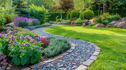 landscape garden design with green manicured lawn, beautiful flower beds and path at park.