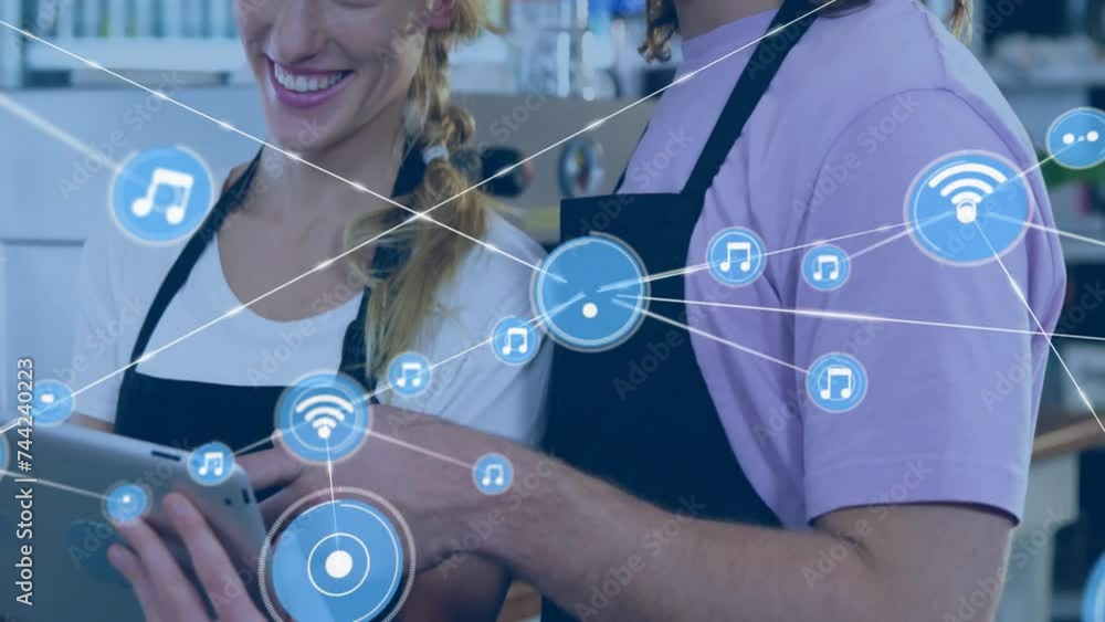 Poster animation of network of connections with wifi icons over diverse people with tablet