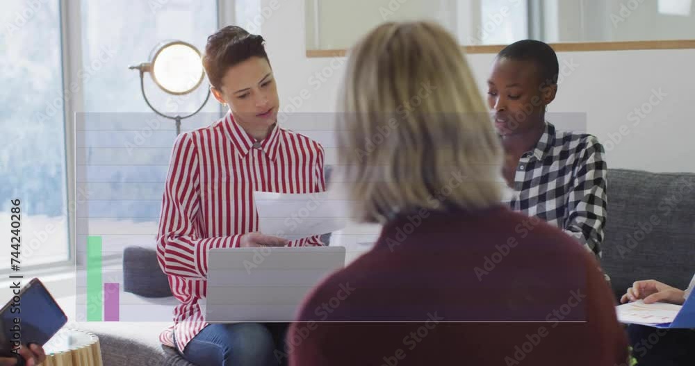 Aufkleber animation of data processing over diverse business people discussing in office