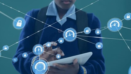 Animation of network of connections with padlock icons over african american girl with tablet - Powered by Adobe