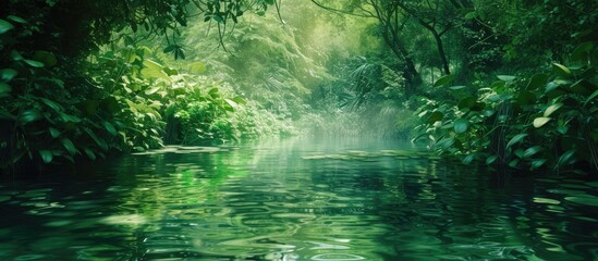 Fototapeta premium This captivating painting depicts a river flowing through a lush green oasis, showcasing the harmonious interaction between water, oxygen, and chlorophyll, creating a symphony of life-giving elements.