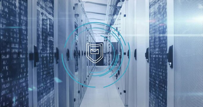 Animation of shield icon and digital data processing over computer servers