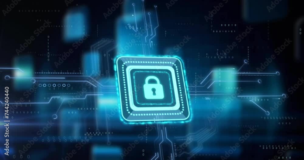 Poster animation of padlock icon over network and processing data on dark background