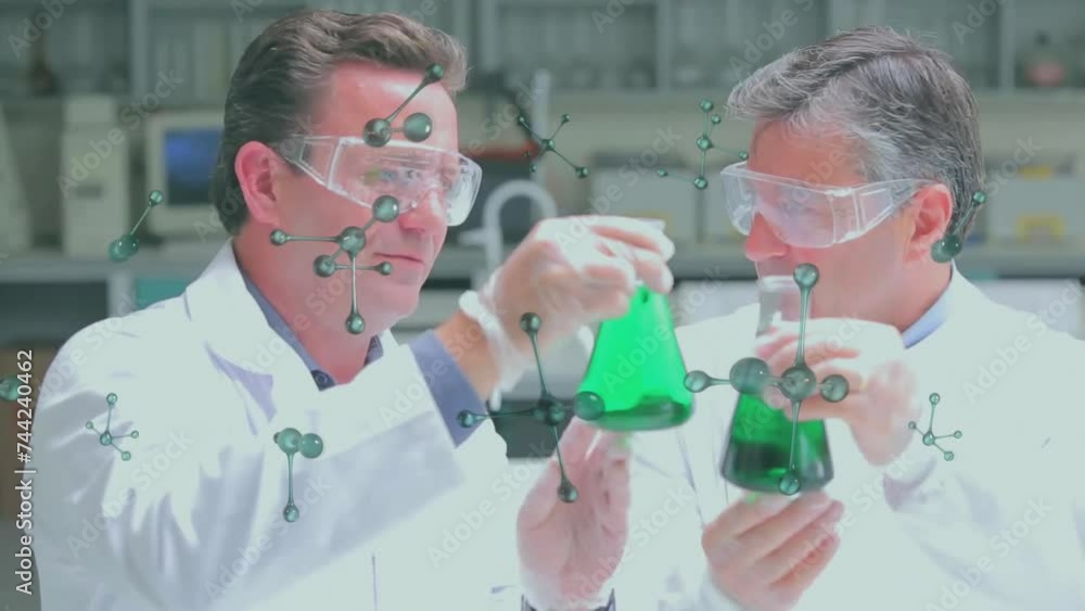 Aufkleber animation of element structures over caucasian male scientists mixing liquids in lab