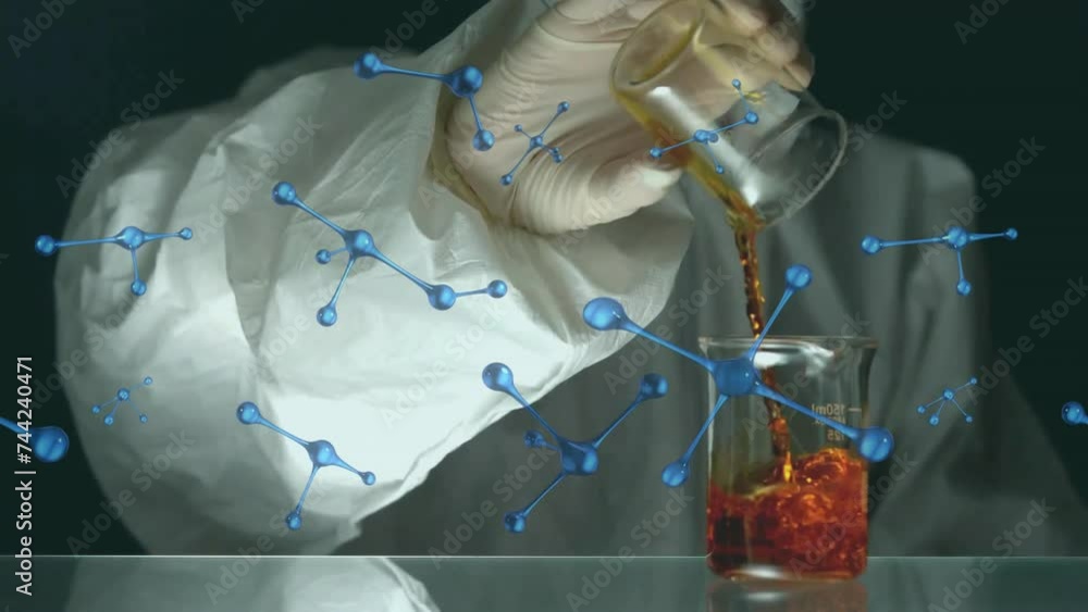 Poster animation of element structures over scientist in ppe suit mixing chemical solutions in lab