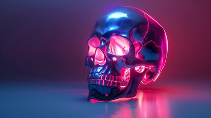 Neon skull, death, horror and fear, human head, dead, clipart, colorful bright glow