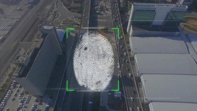 Animation of biometric fingerprint scanner over aerial cityscape and road