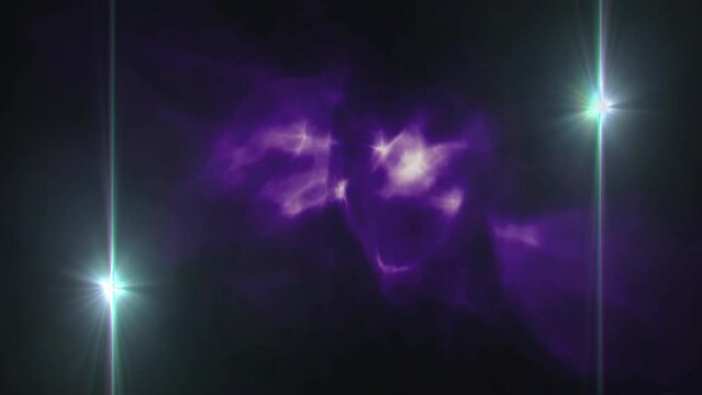 Animation of blue spotlight beams over purple light clouds on dark background