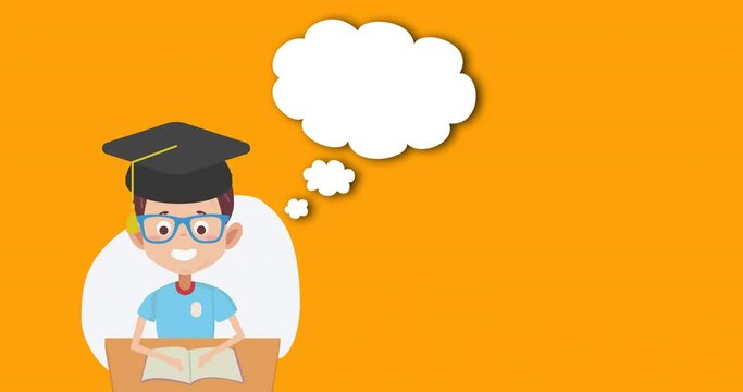 Animation of caucasian schoolboy with graduation cap and empty thought bubble on orange
