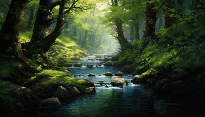 Serene stream flowing through a sunlit mystical forest.