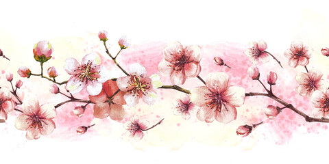 Blossoming branch from tree, sakura, cherry or apple buds and flowers seamless border, pattern on watercolor stains background. Spring blossoms, springtime clipart. Hand drawn isolated illustration