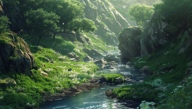 Serene river flowing through a lush forest with sunlight.