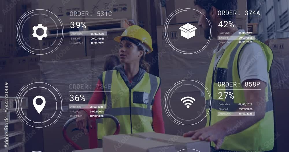 Poster animation of icons and data processing over diverse people working in office