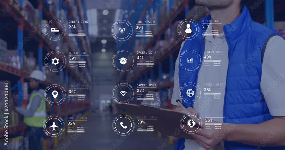 Poster animation of icons and data processing over caucasian man working in warehouse