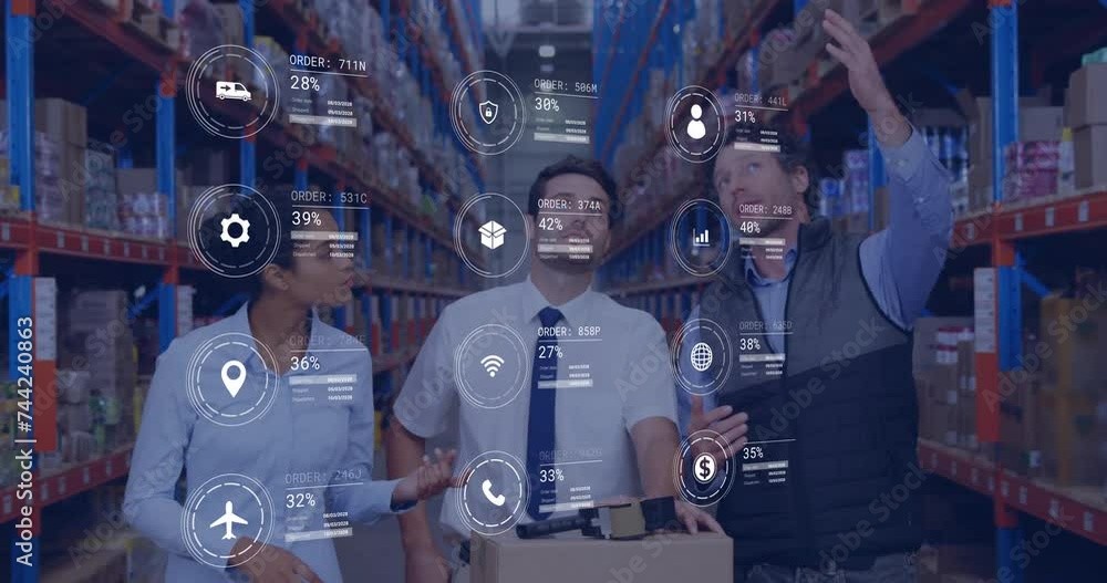 Poster animation of icons and data processing over diverse people working in office