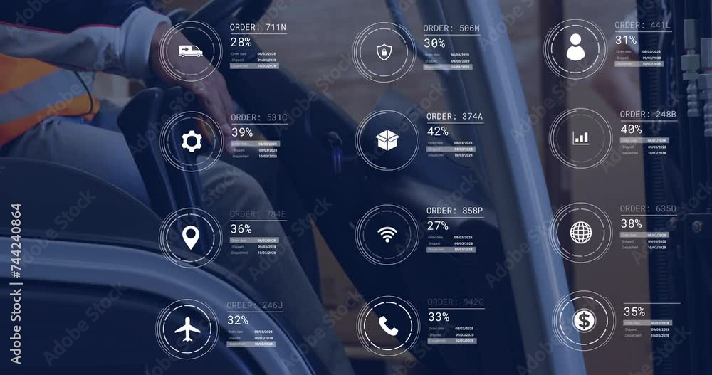 Poster animation of icons and data processing over caucasian man in forklift working in warehouse