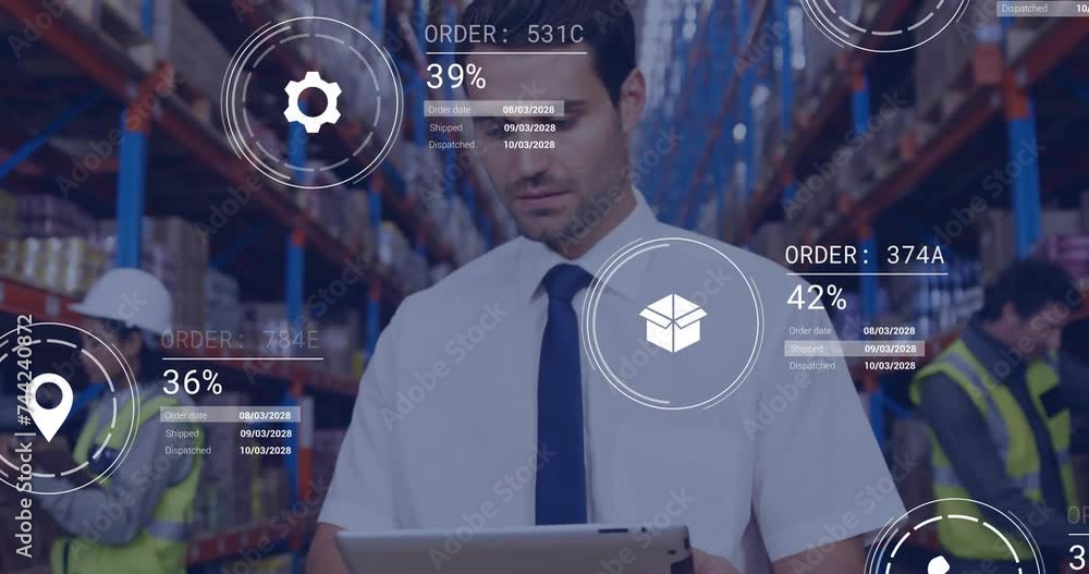 Poster animation of icons and data processing over caucasian man working in warehouse