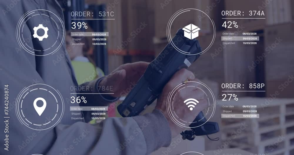 Poster animation of icons and data processing over caucasian man working in warehouse