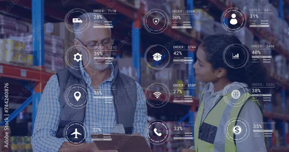Poster animation of icons and data processing over diverse people working in office