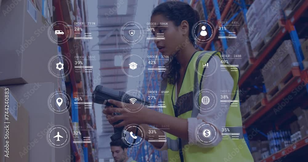 Aufkleber animation of icons and data processing over diverse people working in office