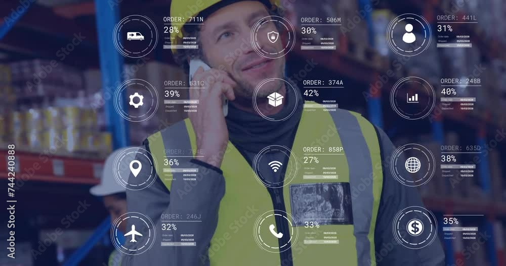 Poster animation of icons and data processing over caucasian man working in warehouse