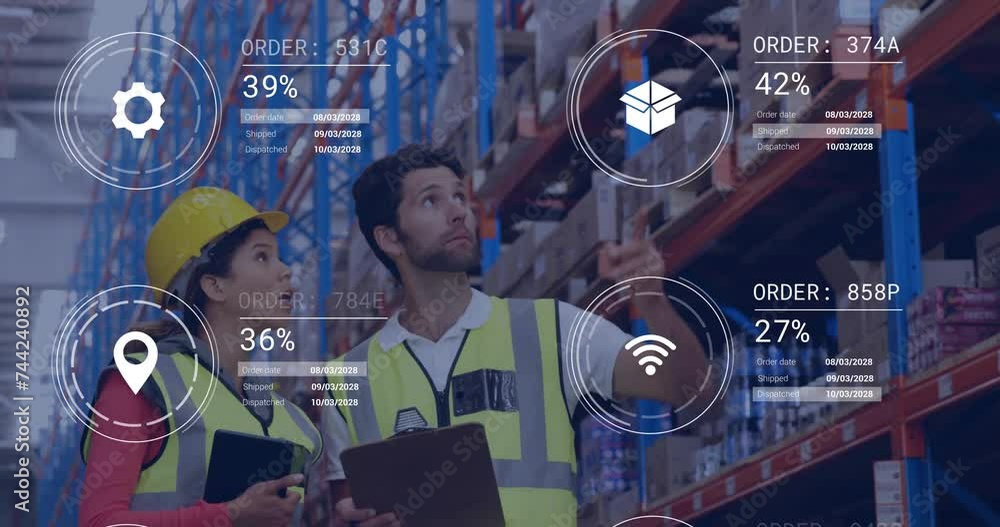 Poster animation of icons and data processing over diverse people working in office
