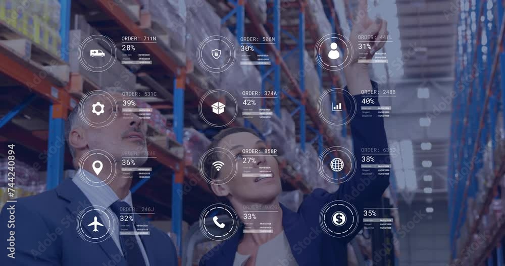 Poster animation of icons and data processing over diverse people working in office