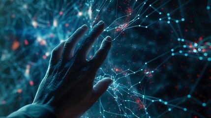 Human hand touching neuronal network of artificial intelligence system