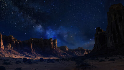 A breathtaking night sky full of stars above desert cliffs.