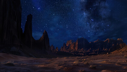 Starlit sky above rocky desert landscape at night.