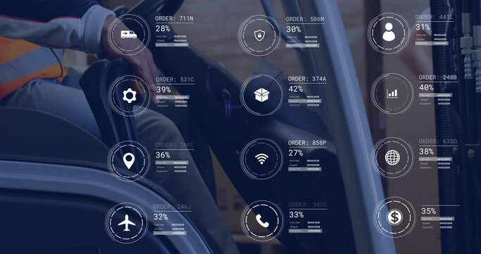 Animation of icons and data processing over caucasian man in forklift working in warehouse