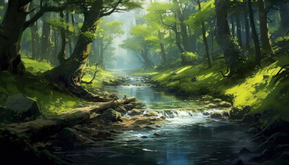 A serene digitally painted forest with a gentle stream.