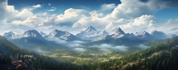 Fototapeta premium Stunning panoramic view of a serene mountain landscape.